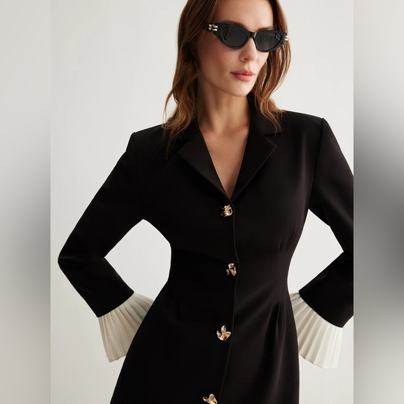 Commense V-Neck Two-Tone Pleated Button Dress - Picture 3 of 16